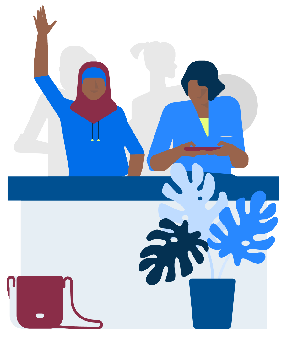 Illustration Bildungsgerechtigkeit eine Schülerin mit Hijab meldet sich während eine andere Person neben ihr mit einem Tablet für die Schule arbeitet