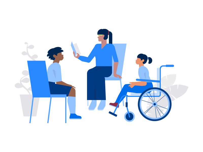 Illustrationen Sprache eine Lehrerin sitzt in einem Stuhlkreis und spricht mit den Schüler*innen links und rechts von ihr.