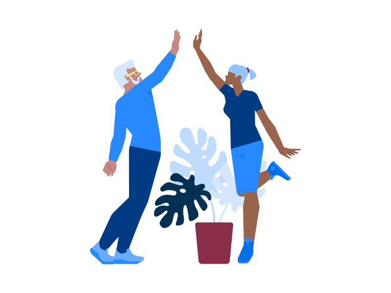 Illustration Persönlichkeitsstärkung zwei erwachsene Menschen klatschen sich ab, in dem sie ihre Hände über ihren Kopf halten