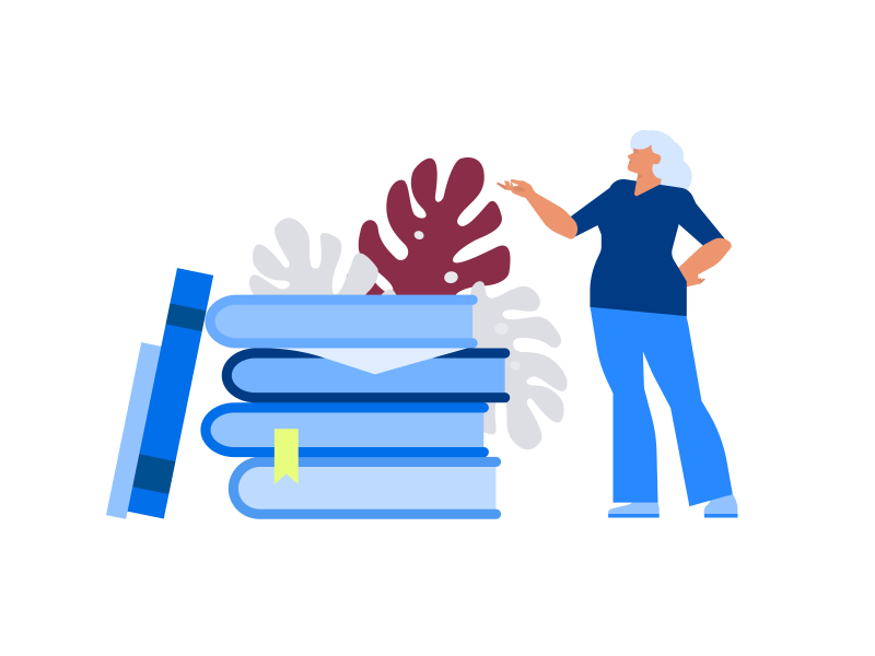 Illustration Unterrichtsmaterial Lehrwerke, eine Frau steht neben einem großen Stapel von Lehrwerken