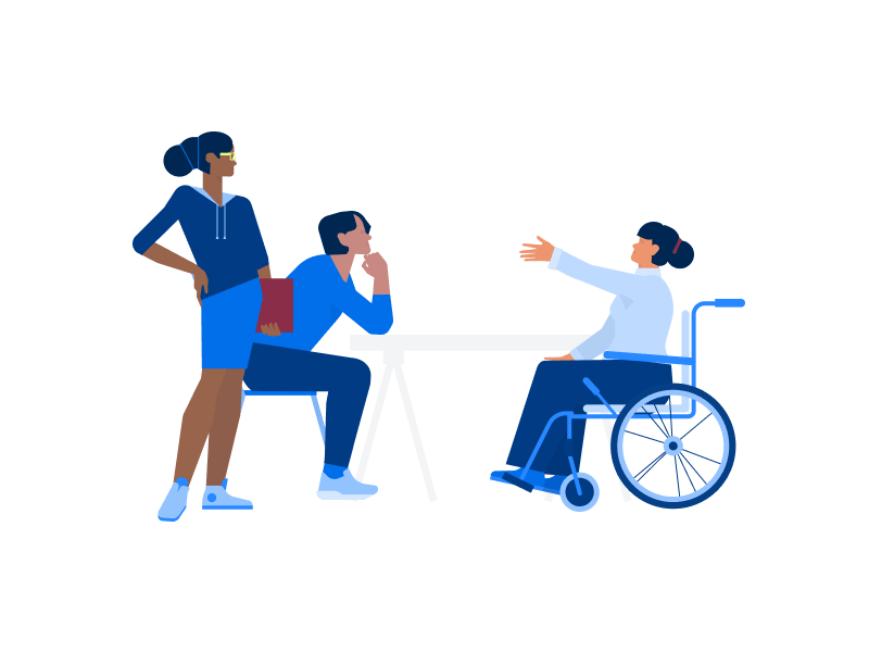 Illustration Digitale Weiterbildung Didaktische Tipps, zwei Schüler*innen stehen einer Person im Rollstuhl gegenüber und unterhalten sich. Die Person im Rollstuhl hebt ihre Hand.