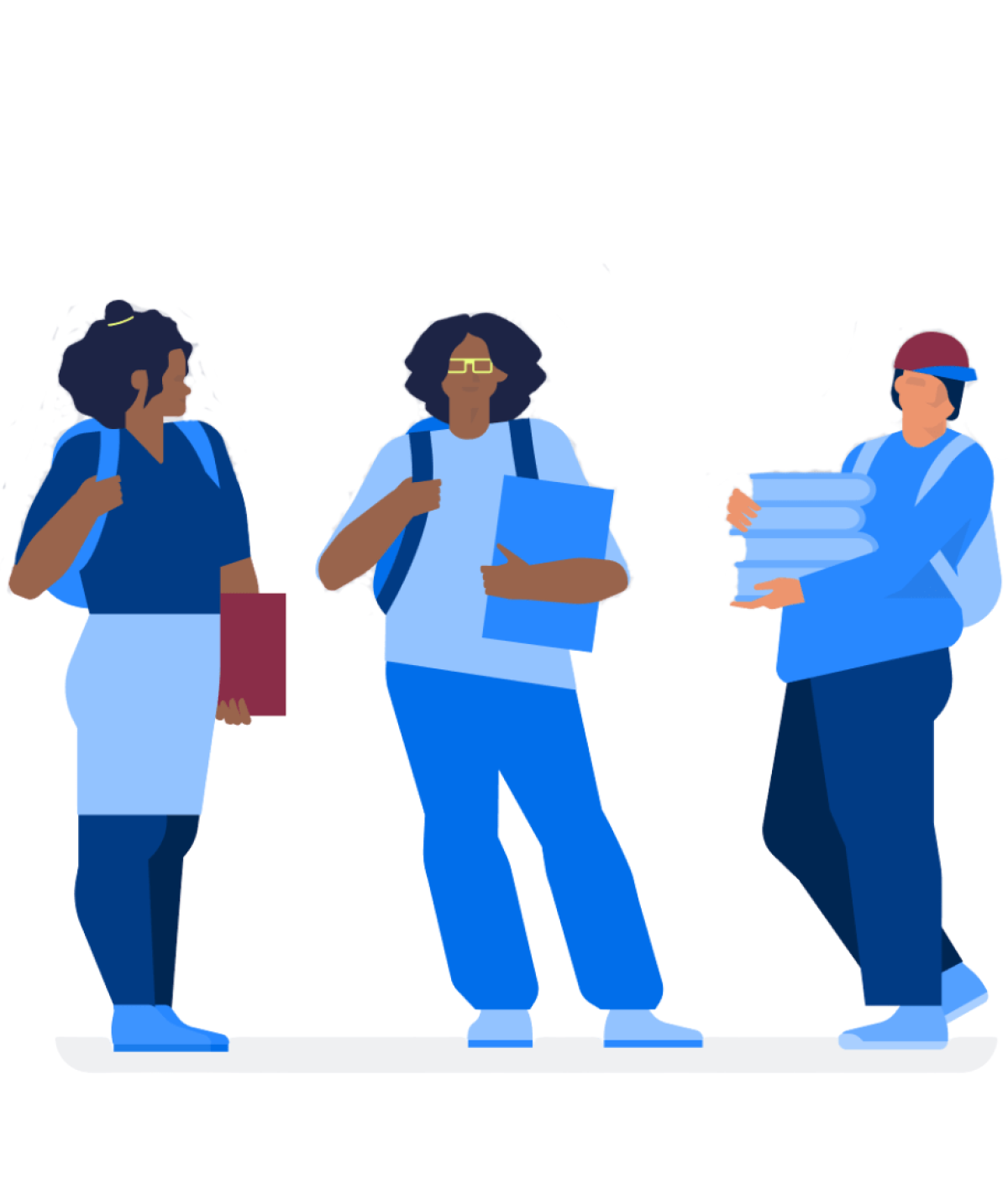 drei Schüler*innen tragen Rucksäcke und Bücher mit sich